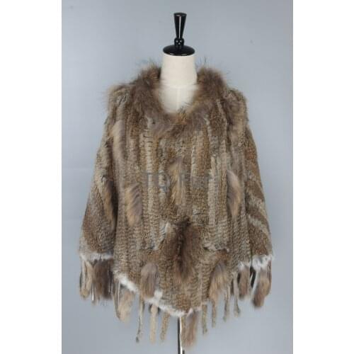 NEW Knitted Rabbit Fur Big Poncho with Raccoon Fur Collar Poncho With Procket Tassels Womens Shawl