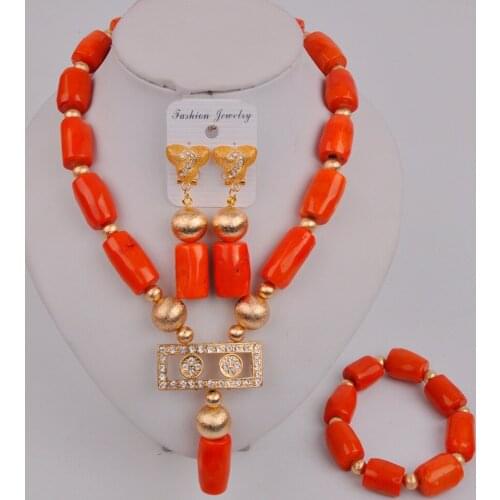 New Ladies Wedding Dress Accessories Orange Natural Coral Bead Necklace Nigeria Wedding Jewelry African Jewelry Set AU-205