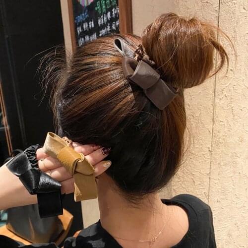 Solid Color Leather Bow Hair Ties Elastic Hair Bands For Women Vintage High Quality Leather Knotted Hair Accessories Wholesale