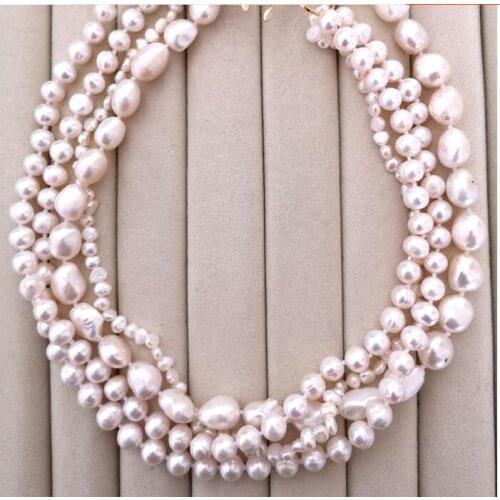 4 rows 4mm 12mm white oval baroque flat pearl choker necklace gold clasp natural Freshwater PEARL Women Jewelry 43cm 17'' 35cm