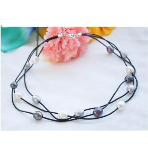 Unique Pearls jewellery Store 3 rows 18 inches 14mm White Gray Black Rice Genuine Freshwater Pearl Real Black Leather Necklace