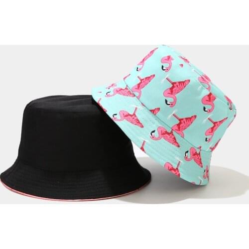 New Fashion Womens Bucket Hat Flamingo Print Summer Double-sided Mens Panama Fisherman Hat Hip-hop Trend Sun Protection Cap