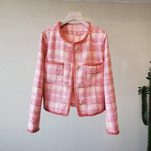 Pink Plaid Tweed Jacket Coats Women O-Neck Single Breasted Vintage Autumn Winter Wool Cardigans Loose Runway Luxury Korean B446