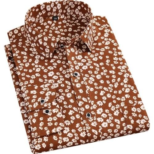 AOLIWEN men vacation yellow white small floral long sleeve shirt summer leisure trend beach cool and breathable slim fit shirts