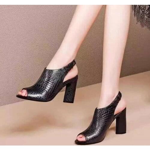8CM Ummer Black Fish Mouth Sandals High Heel Thick with Shoes Spring and Autumn Fashion Womens Sandals