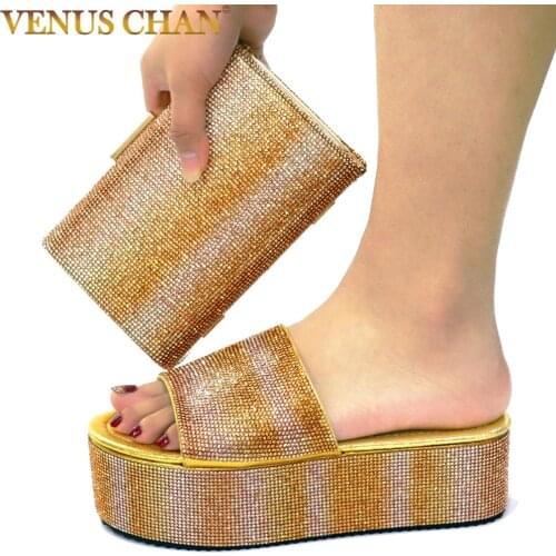 Special Design 2020 Summer Shoes and Bag Set in Golden Color High Quality Italian Lady Shoes Matching Bag for Garden Party