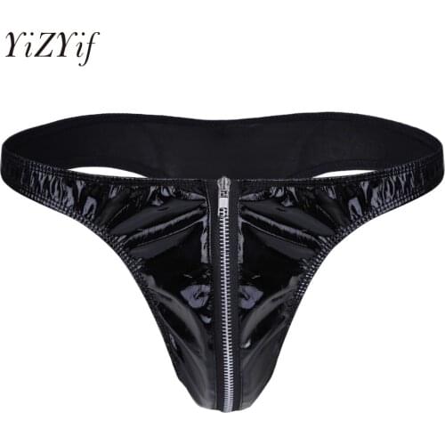 YiZYiF Sexy Hot Mens Soft Lingerie Faux Leather Briefs Mens Zipper Open front Soft Bikini Man Underwear Underpants