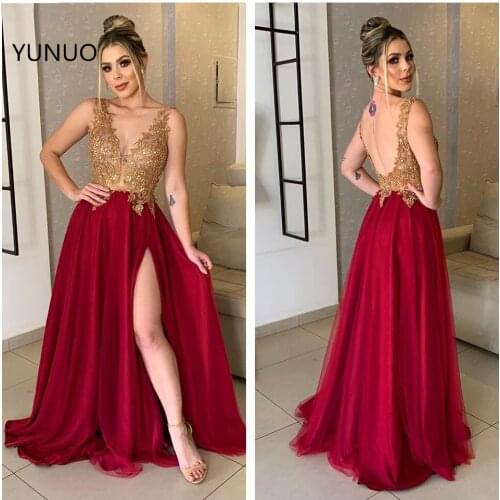 YUNUO Side Slit A-line vestidos de noite Prom Formal Dresses V Neck Beading Tulle Sexy Celebrity Evening Gowns For Party