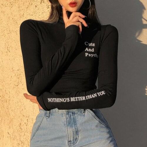 Womens Stretch Slim Letter Printing Long Sleeve T-Shirt Womens Turtleneck Bottoming Shirt Black