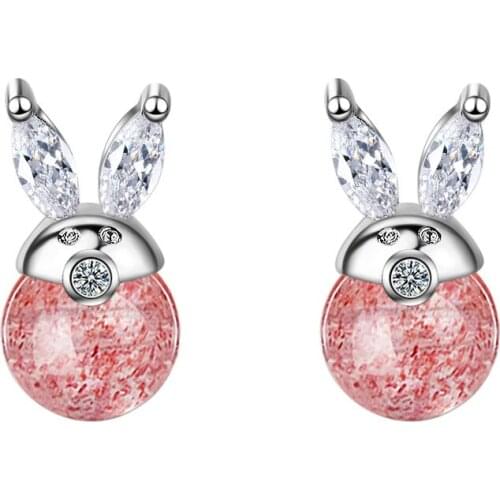 New Fashion Cute Rabbit Animal Pink Strawberry Quartz 925 Sterling Silver Ladies Stud Earrings Wholesale Jewelry For Women Gift