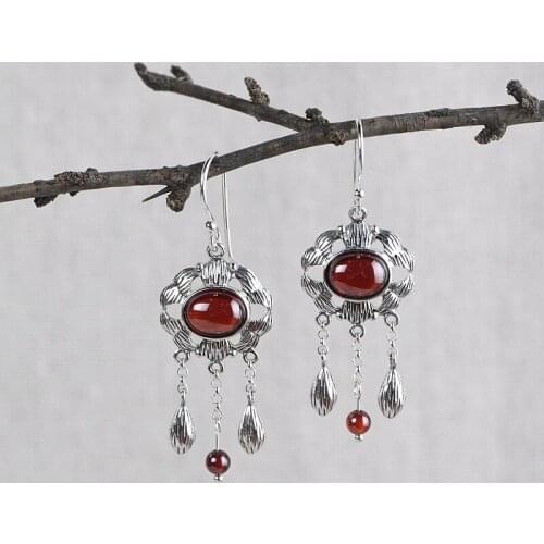 FNJ Tassel Earrings 925 Silver 100% Pure Original S925 Silver Sterling Drop Earring for Women Jewelry Red Cubic Zircon