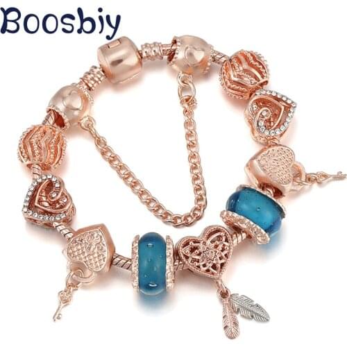 Rose Gold Color Entangled Heart Beads Charm Bracelet With Love Dream Catcher Pendant DIY Fashion Bracelet For Women Jewelry Gift