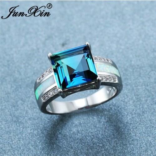 Luxury Princess Square Crystal Stone Ring White Fire Opal Rings For Women Wedding Bands White Gold Rainbow Zircon Ring Jewelry