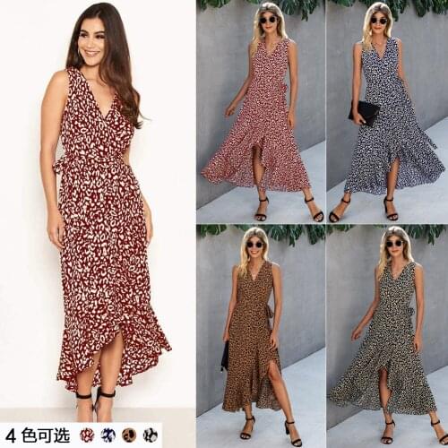 Women Summer Dress 2021 New Leopard Print Ankle Length Dresses v-neck Belt Falbala Vestido De Mujer ONYLQ212S5097