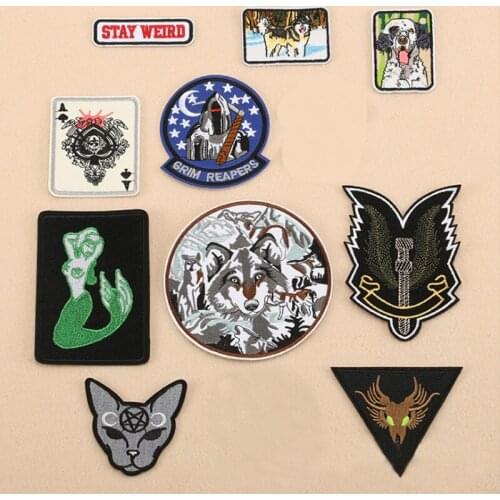 10pcs/lot Embroidery Patch Letter Mermaid Skull Dog Wolf Clothing Decoration Accessories Iron Heat Transfer Applique