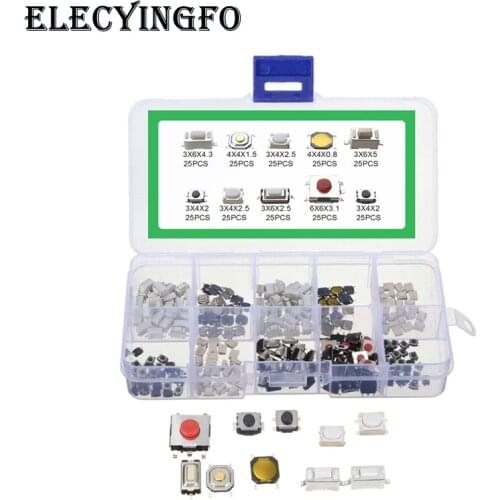 10values x25pcs SMD Tact Switch microswitch 2*4 3*6 4*4 6*6 switch button kit box