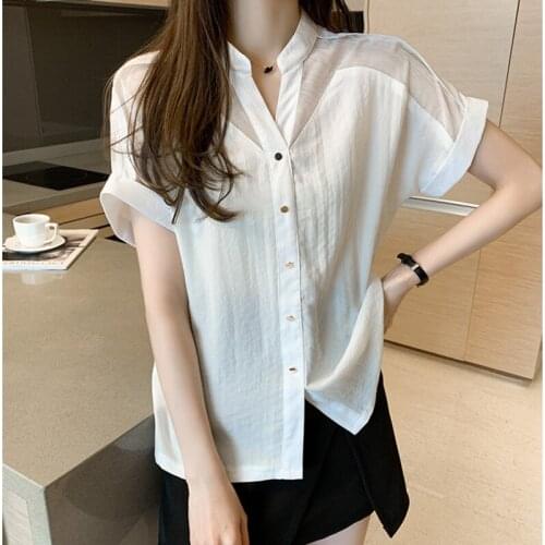 #8353 Black White Blue Chiffon Shirt Women V Neck Sexy Basic Shirt Short Sleeves Hollow Out Slim Sexy Shirt Women Korean Fashion