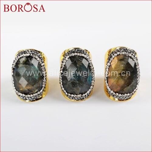 BOROSA 5PCS Oval Natural Labradorite Stone Band Ring Paved Zircons Gems Stones Adjustable Druzy Rings Jewelry JAB899