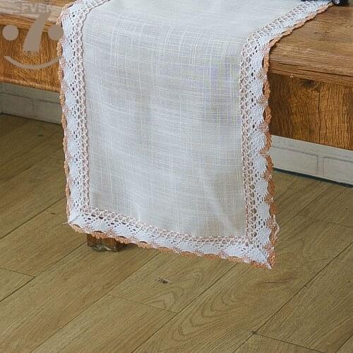 Home Decorative Dining Banquet Birthday Festival White Color Polyester Linen Mesh Table Runner With Brown Cotton Border