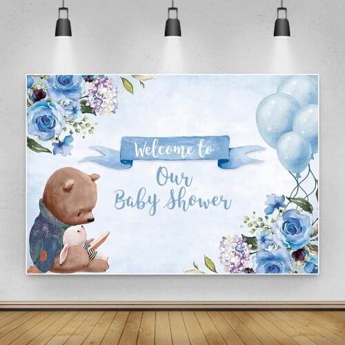 Laeacco Blue Flowers Plush Bear Baby Shower Birthday Backdrops Photographic Background For Photo Studio Photocall Photophone