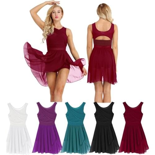 Hot Sale Ballet Dress for Womens Adult Cut Out Asymmetric Chiffon Dancing Ballerina Gymnastic Leotard Cocktail Dance Wear