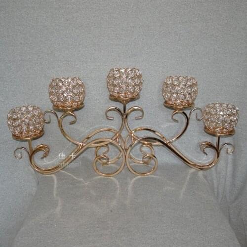 Hot Gold wedding candelabra 5 crystal balls candle holder 32cm Tall by 70cm Width Table centerpiece Wedding supply 10pcs