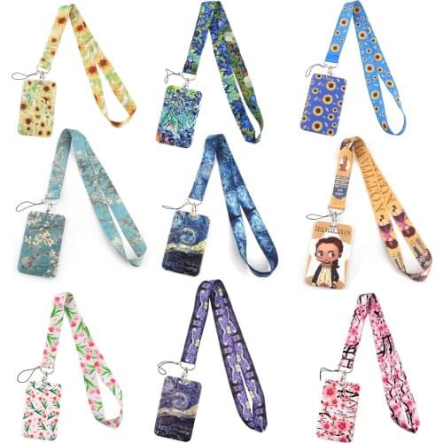 JF0002 New Fashion Flowers Art Painting Lanyard Credit Card ID Holder Bag Student Women Bank Bus Business Card Cover Badge