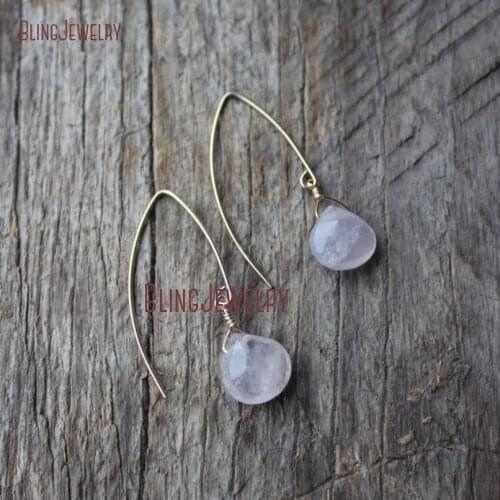 Teardrop Rose Chalcedony Earrings Wire Wrapped Stone Drop Earrings Gold Filled Open Hoop Marquise Earrings ER18815
