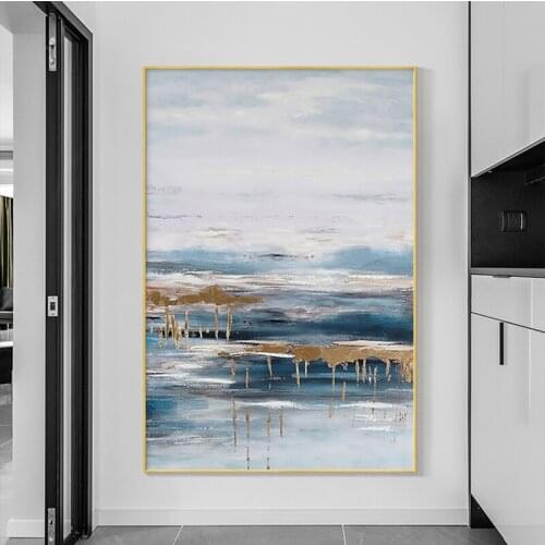 Nordic Modern Abstract Blue Art Oil Painting Printed on Canvas Golden Poster Canvas Painting Wall Pictures for Living Room Decor