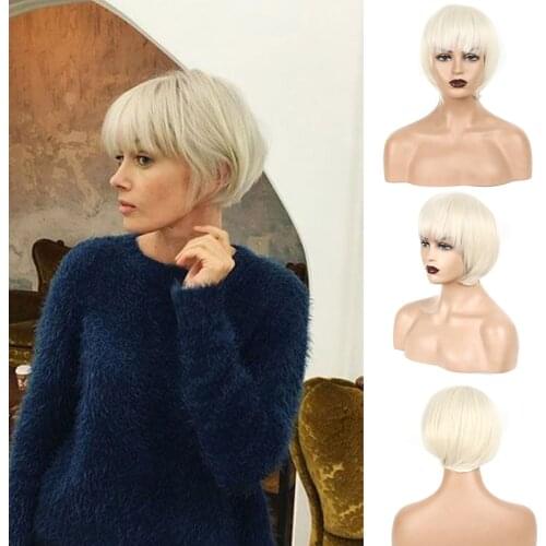 Short blonde pixie cut wigs with neat bangs for women blond synthetic heat resistant cosplay womens wig