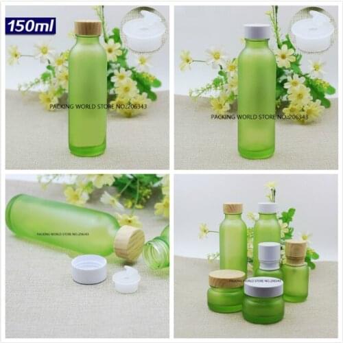 150ml frosted green glass bottle with white/wood shape lid plastic stopper for water /toner/lotion/emulsion cosmetic packing