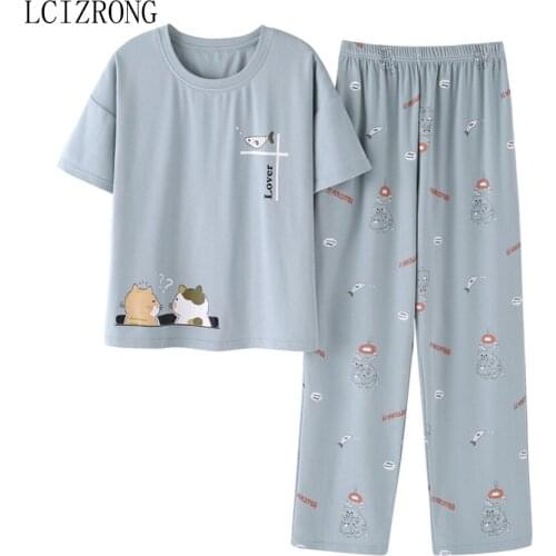 Fashion Cotton Pajamas Set Women Cute Cartoon Print 2pcs/Set Sleepwear Nightgown O Neck Short Sleeve Tops Long Pant Home Clothes