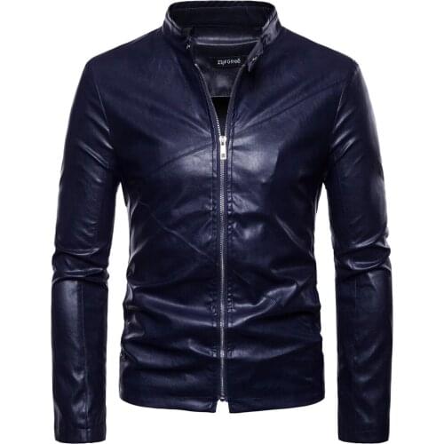 Mens PU Leather Jacket Chest Pocket Loose Velvet Warm Solid Stand Collar