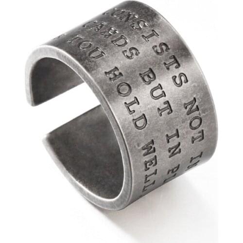Vintage 12MM Width English Words Open Rings for Men Boy Stainless Steel Retro Punk Ring Fashion Cool Male Jewelry