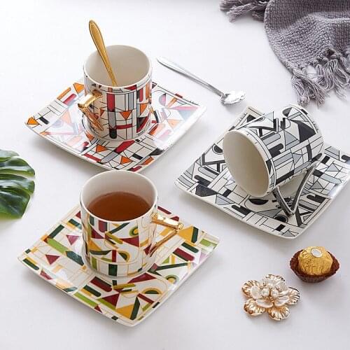 MT Coffee Cup Gift 7-shaped Handle Cup and Dish Geometric Pattern Ceramic Cup and Dish Set Mug Coffee Cup Coffee Mugs