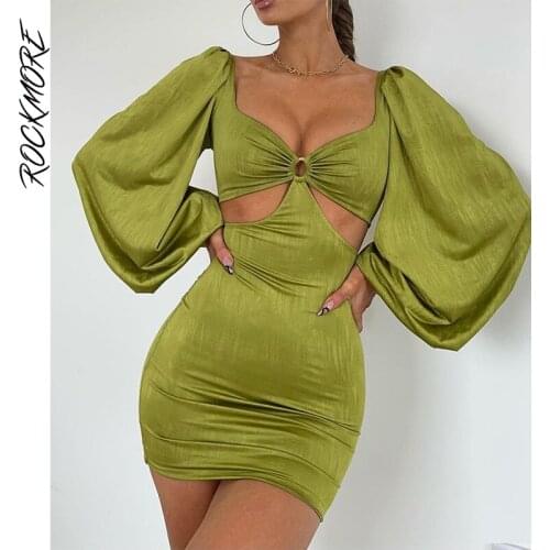 Rockmore Elegant Sexy Party Dress Bodycon Hollow Out Mini Short Dresses Ladies Long Sleeve Summer Womens Dress 2021 Streetwear