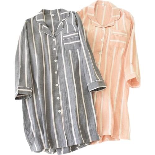 New Japanese simple striped nightgowns women 100% cotton nightdress casual Long sleeve indoor sleep dress women sleepwear