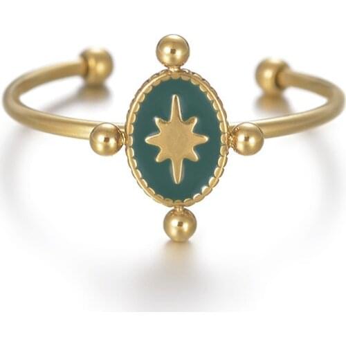 Vintage Green Enamel Oval Shape Womens Rings High Quality Stainless Steel Beads Thin Circle Star Rings Jewelry Wholesale