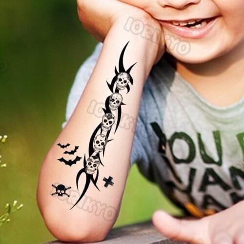 Skeleton Thorns Temporary Tattoo For Kid Children Boy Girl Adult Fake Skull Cross Tattoos Sticker Black Demon Small Tatoos Totem