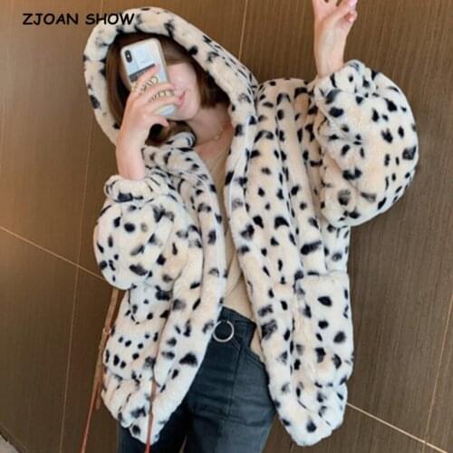 HIGH QUALITY Winter Stay Warm Oversize Hooded Large size Leopard Faux Fur Coat New Casual Long sleeve Women Fur Jacket Outwear