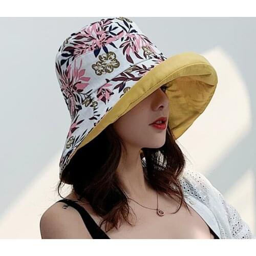 Womens Linen Cotton UPF 50+ Sun Hat Reversible Bucket Hat with Wide Fold-Up Brim and Chin Strap