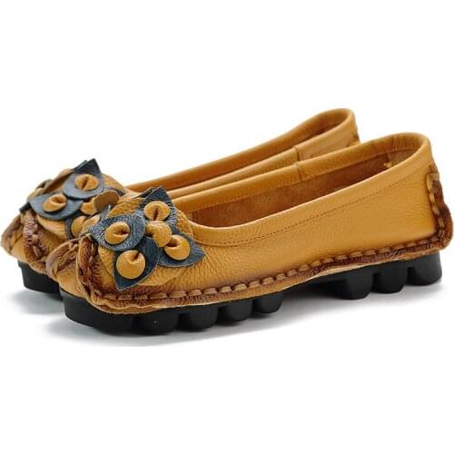 Womens Real Leather Ethnic Style Flower Round Toe Flat Floral Soft Casual Shoes Loafers Oxfords Slip On 6Colors Retro New 2022