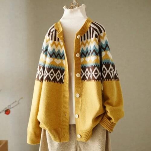 Print Long Sleeve Cardigans Jacket 2021 New Round Neck Spring Autumn Sweater Womens Fashion Loose Knitwear Tops Vintage Coat