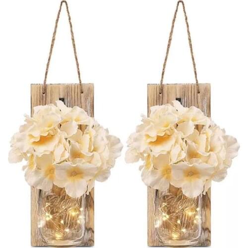 2pcs Rustic Mason Jar Wall Decor Sconces Decorative Home Lighted House Hanging LED Fairy Strip Lights Flowers Hydrangea Sconce