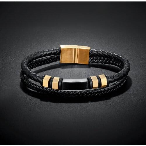 2021 Vintage Leather Bracelet Gold Black Stainless Steel Metal Accessories Matching Double Leather Bracelets for Mens Jewelry