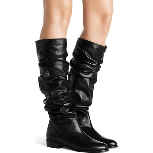 Long Boots Women Shoes Black Flat Bottomed Pleated Genuine Leather Knee High Boots Zapatos Mujer Botas Feminina Booties Mujer