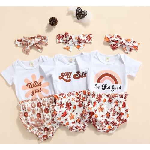 OPPERIAYA Three Piece Baby Girls Cotton Clothes Fashion Letter Short Sleeve Bodysuit and Flower Short Pants with Bow Headband