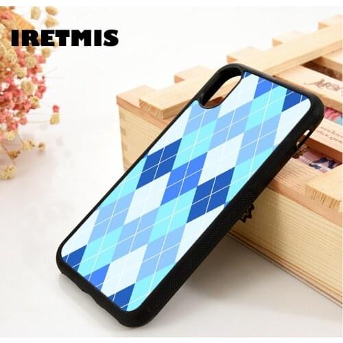 Iretmis 5 5S SE 6 6S TPU Silicone Phone Case Cover for iPhone 7 8 Plus X Xs 11 12 MINI Pro Max XR White And Blue Argyle Pattern