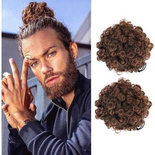 Short Afro Hair Bun Synthetic Curly Chignon Clip In Ponytail Hair Extension High Temperature Fiber Hairpiece Hair Bun For Men