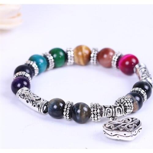 Colorful Tiger Eye Bracelet 7 Chakra Bracelet Natural Stone Healing Balance Bracelets Heart Charm Bracelet For Women Jewelry